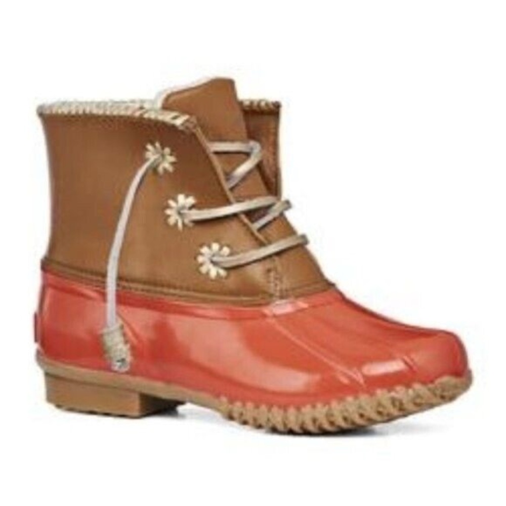 Jack Rogers Chloe Coral Orange Brown Whipstitch Gold Detail Duck Boots 6